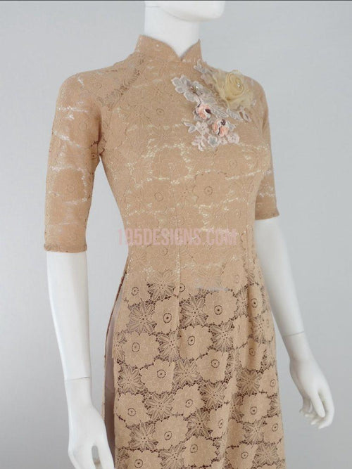 Ao Dai Lace Flower Brow | Áo Dài Ren Nâu