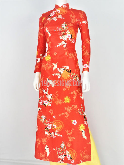 Áo Dài Gấm Đỏ Hoa Xuân | Red Ao Dai Vietnamese