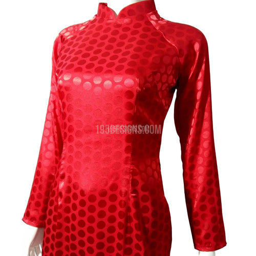 Red Ao Dai Embroidered Vietnamese Long Dress - Gấm Tròn Đỏ