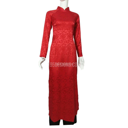 Red Ao Dai Embroidered Vietnamese Long Dress - Gấm Hoa Đỏ