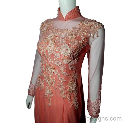 ÁO DÀI Hồng Hoa Ren Tay Von Kết Đá Pha Lê| Pink AO DAI Crystal (Co hot cuom)