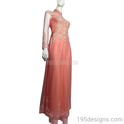 ÁO DÀI Hồng Hoa Ren Tay Von Kết Đá Pha Lê| Pink AO DAI Crystal (Co hot cuom)