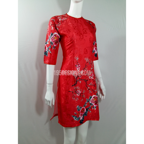 Áo Dài Cách Tân Gấm Đỏ Hoa Mẫu Đơn | Red Ao Dai Peony Modern New Year