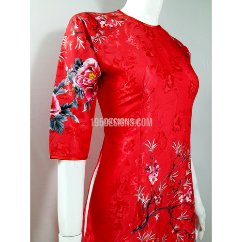Áo Dài Cách Tân Gấm Đỏ Hoa Mẫu Đơn | Red Ao Dai Peony Modern New Year