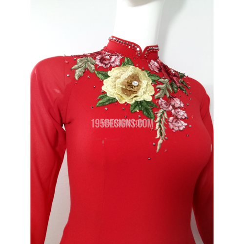 Red Ao Dai Red Crystal Yellow Flower - Ao Dai Đỏ Kết Hoa Vàng