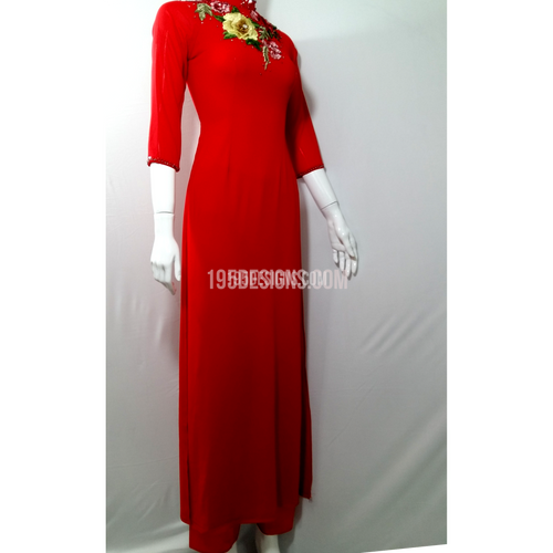 Red Ao Dai Red Crystal Yellow Flower - Ao Dai Đỏ Kết Hoa Vàng