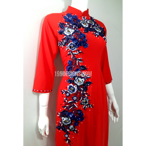 Red Ao Dai Crystal Blue Flower - Ao Dai Đỏ Kết Hoa Xanh