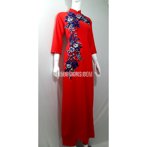 Red Ao Dai Crystal Blue Flower - Ao Dai Đỏ Kết Hoa Xanh