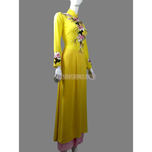 ÁO DÀI Vàng PHA LÊ Kết Hoa Xuân | Yellow AO DAI FLOWER LUNAR NEW YEAR