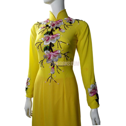 ÁO DÀI Vàng PHA LÊ Kết Hoa Xuân | Yellow AO DAI FLOWER LUNAR NEW YEAR