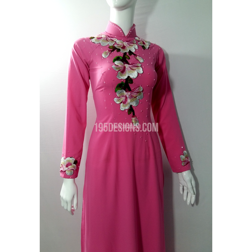 Pink Ao Dai Spring Flower Crystal - Ket Hoa Dao Hat Da Ta Ao Dam Vải co giãn