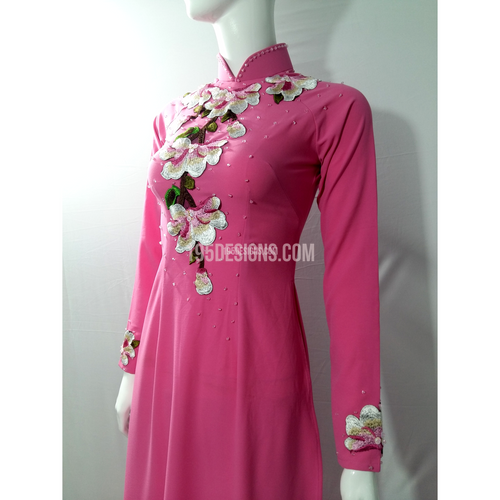 Pink Ao Dai Spring Flower Crystal - Ket Hoa Dao Hat Da Ta Ao Dam Vải co giãn