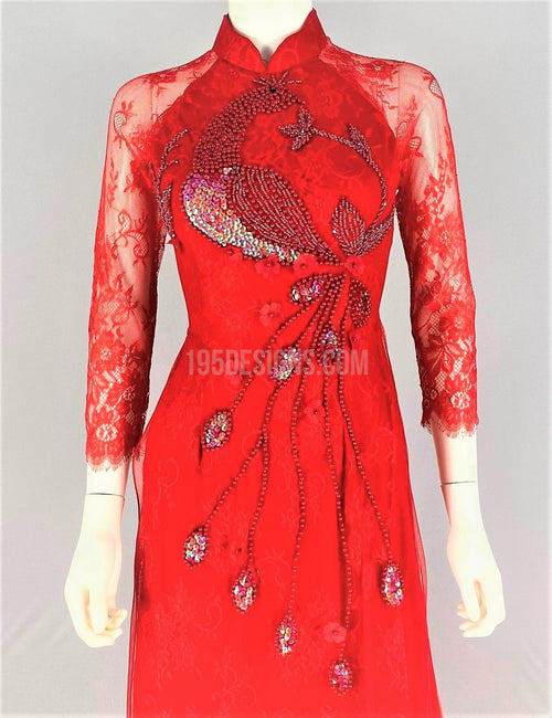 Red Vietnamese Long Dress /  Áo Dài Ren Đỏ Kết Cườm Chim Công