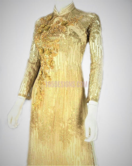 Áo Dài Cưới Vàng Kết Hoa 3D | Gold Ao Dai Crystal Wedding