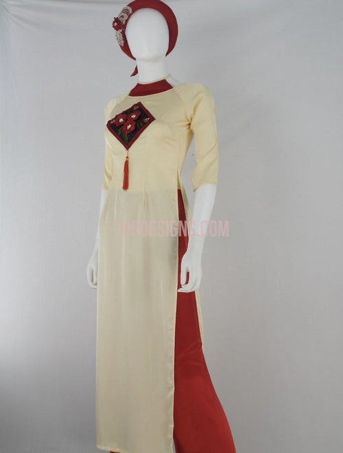 Ao Dai Embroidered Flower Red | Áo Dài Đỏ có Mấn