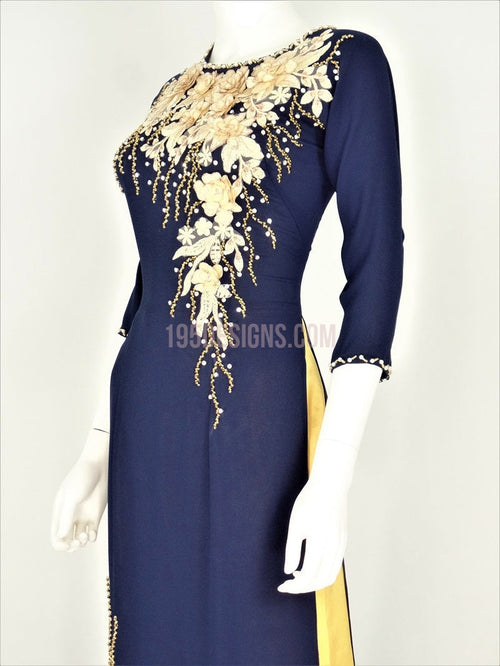 Ao Dai Crystal Vietnamese Long Dress / Áo Dài Tầm Ý Xanh Đen Kết Hoa 3D
