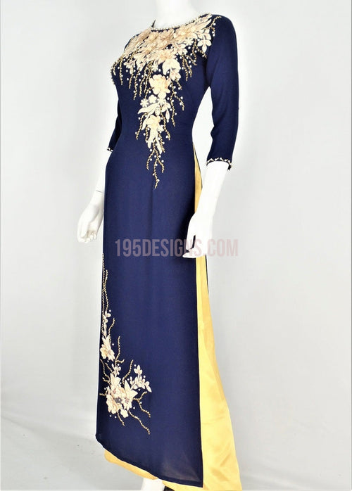 Ao Dai Crystal Vietnamese Long Dress / Áo Dài Tầm Ý Xanh Đen Kết Hoa 3D