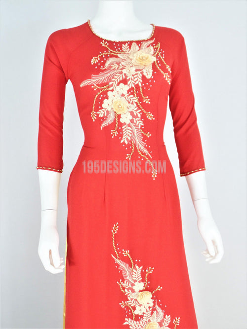 Red Ao Dai Crystal Vietnamese Long Dress / Áo Dài Tằm Ý Đỏ Kết Hoa Cườm