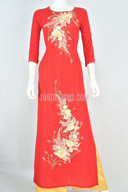 Red Ao Dai Crystal Vietnamese Long Dress / Áo Dài Tằm Ý Đỏ Kết Hoa Cườm