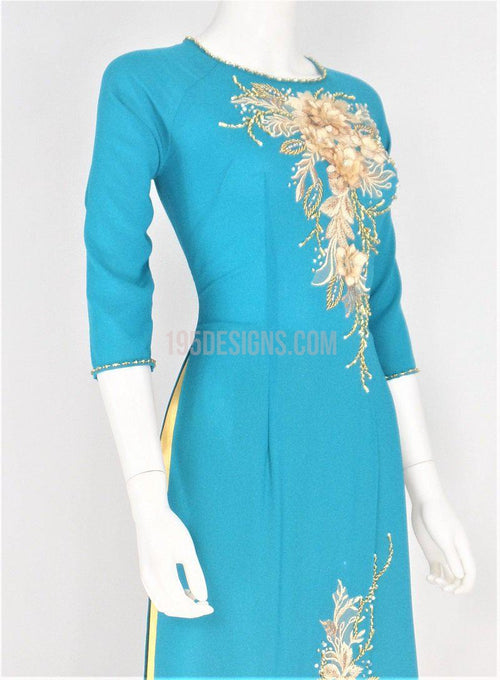 Áo Dài Tầm Ý Xanh Lý Kết Hoa 3D | Blue Ao Dai Vietnamese