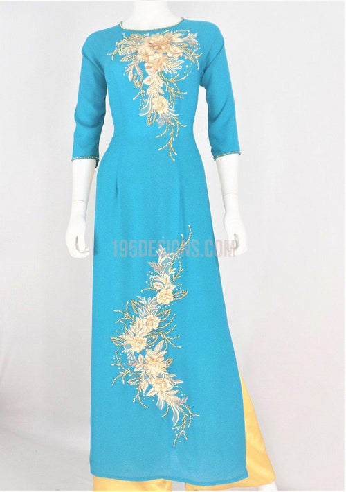 Áo Dài Tầm Ý Xanh Lý Kết Hoa 3D | Blue Ao Dai Vietnamese