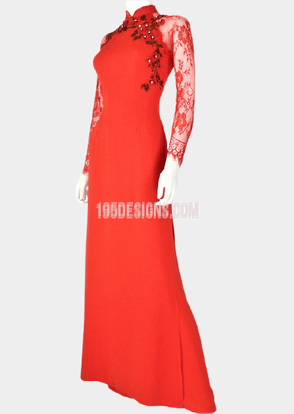 Red Ao Dai Vietnamese Long Dress /  Áo Dài Lụa Đỏ Tay Ren Kết Hoa