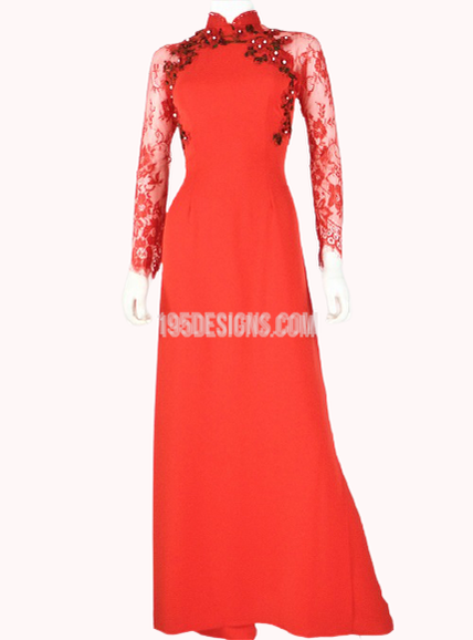 Red Ao Dai Vietnamese Long Dress /  Áo Dài Lụa Đỏ Tay Ren Kết Hoa