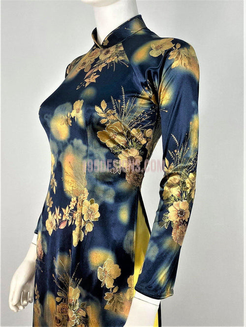 Áo Dài Nhung Hoa Viền Ánh Kim Tuyến Cổ Cao. - Vietnamese Ao Dai