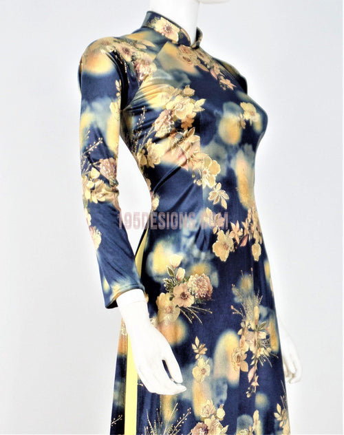 Áo Dài Nhung Hoa Viền Ánh Kim Tuyến Cổ Cao. - Vietnamese Ao Dai