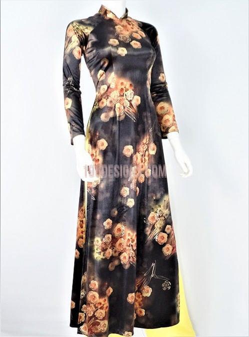 Áo Dài Nhung Hoa Cam Viền Kim Tuyến Cổ Cao - Vietnamese Ao Dai