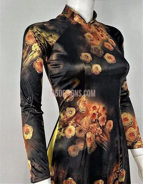 Áo Dài Nhung Hoa Cam Viền Kim Tuyến Cổ Cao - Vietnamese Ao Dai