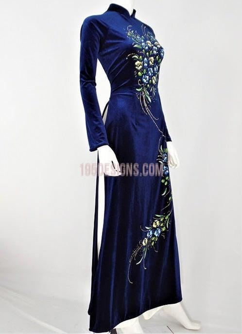 Áo Dài Nhung Xanh Đen Vẽ Hoa KIm Tuyến - Vietnamese Ao Dai