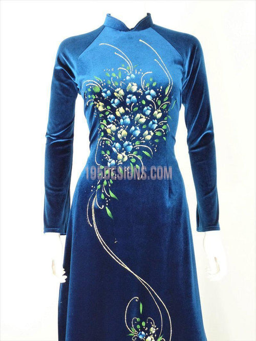 Áo Dài Nhung Xanh Bích Vẽ Hoa - Vietnamese Ao Dai