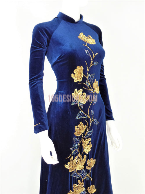 Áo Dài Nhung Xanh Đen Kết Hoa Cườm | Blue Vietnamese Ao Dai