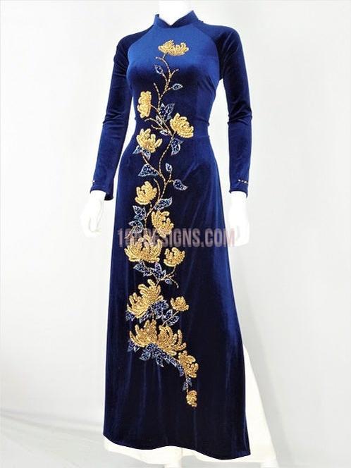 Áo Dài Nhung Xanh Đen Kết Hoa Cườm | Blue Vietnamese Ao Dai