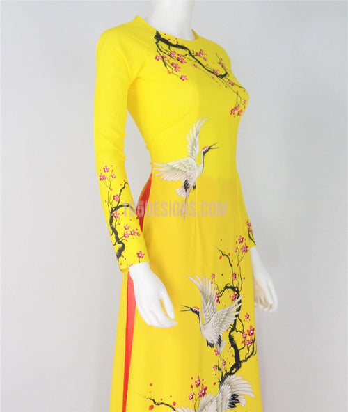 Áo Dài Lụa Giản Vàng Hoa Đào Hạc Trắng | Yellow Ao Dai Vietnamese