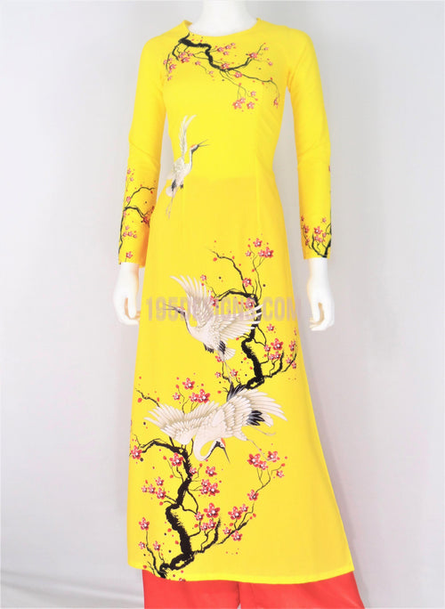 Áo Dài Lụa Giản Vàng Hoa Đào Hạc Trắng | Yellow Ao Dai Vietnamese
