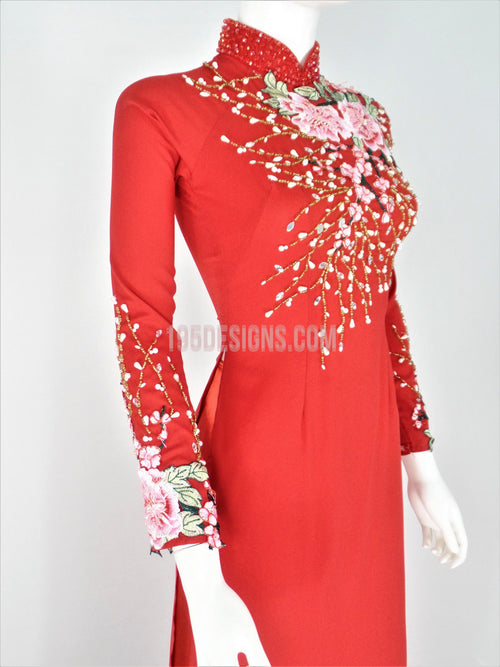 Red Ao Dai Crystal Vietnamese Long Dress / Áo Dài Lụa Đỏ Đá Pha Lê