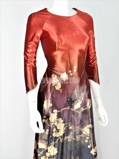 Áo Dài Nhung Đỏ Hoa Sen - Vietnamese Ao Dai