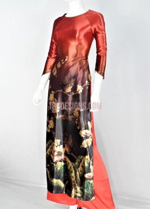 Áo Dài Nhung Đỏ Hoa Sen - Vietnamese Ao Dai