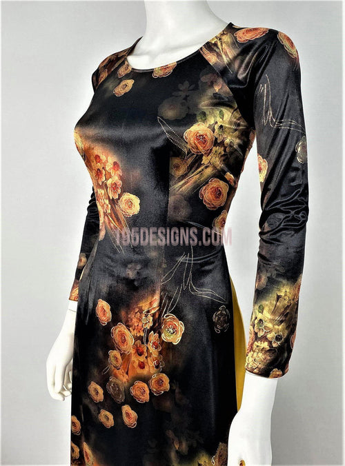 Áo Dài Nhung Hoa Cam Cổ Thuyền Tròn - Vietnamese Ao Dai