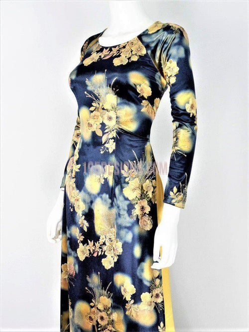 Áo Dài Nhung Hoa Cổ Thuyền Tròn - Vietnamese Ao Dai