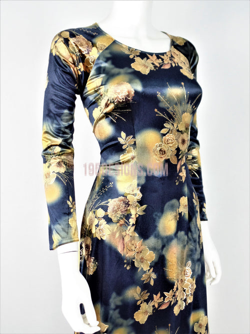Áo Dài Nhung Hoa Cổ Thuyền Tròn - Vietnamese Ao Dai