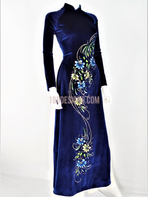 Áo Dài Nhung Xanh Đen Vẽ Hoa - Vietnamese Ao Dai