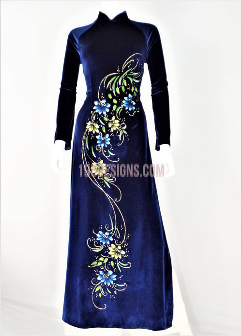 Áo Dài Nhung Xanh Đen Vẽ Hoa - Vietnamese Ao Dai