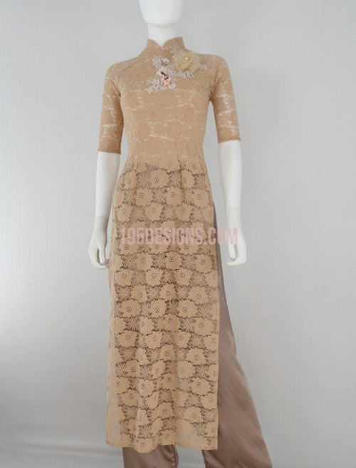 Ao Dai Lace Flower Brow | Áo Dài Ren Nâu