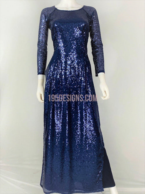 Áo Dài Màu Xanh Đen Kim Sa - Blue Ao Dai Vietnamese