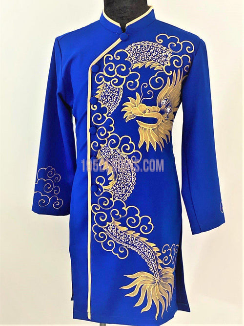 Blue Ao Dai Men -  Áo Dài Xanh Nam Vẽ Rồng Vải Co Giản Nhẹ