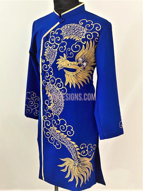 Blue Ao Dai Men -  Áo Dài Xanh Nam Vẽ Rồng Vải Co Giản Nhẹ