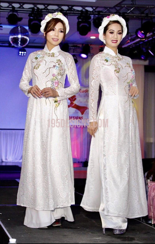 White Lace Ao Dai Flower Set - Ren Trắng Theu Hoa và Mấn